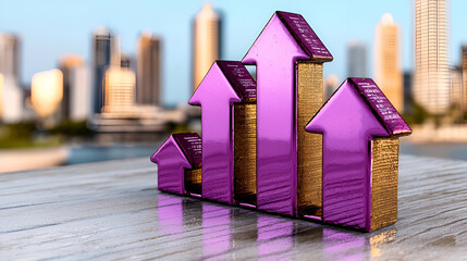 A vibrant 3D graphic showing purple arrows indicating growth, set against a blurred city skyline, symbolizing financial success and progress.