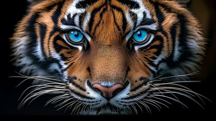 Naklejka premium A majestic tiger with striking blue eyes gazes intently, showcasing its powerful features and vibrant orange fur against a dark background.