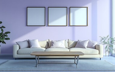 Lavender room, sofa, sunlight, calm interior design, home decor.