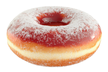 A round, glazed doughnut with a jelly filling and a dusting of sugar, showcasing a glossy exterior.