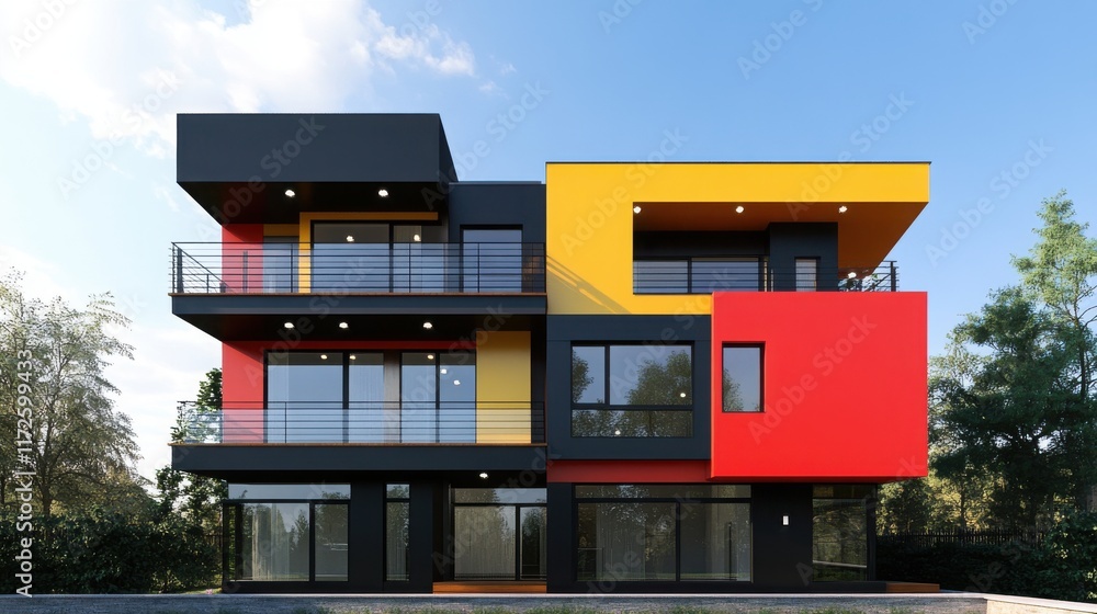 Poster a tall building with a red and yellow facade. the building has a modern design and is surrounded by 