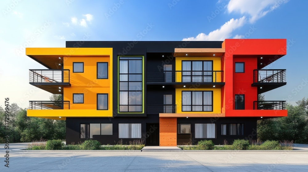 Poster a tall building with a red and yellow facade. the building has a modern design and is surrounded by 