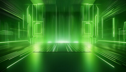 La fotografía de stock muestra una vibrante sala verde iluminada por luces de neón, creando un fondo tecnológico futurista y abstracto.