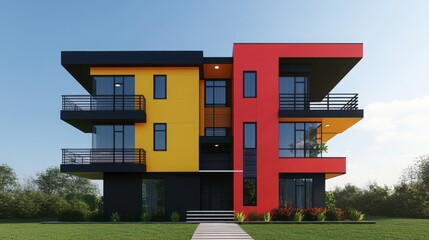 A tall building with a yellow and red facade. The building has a balcony and a large window