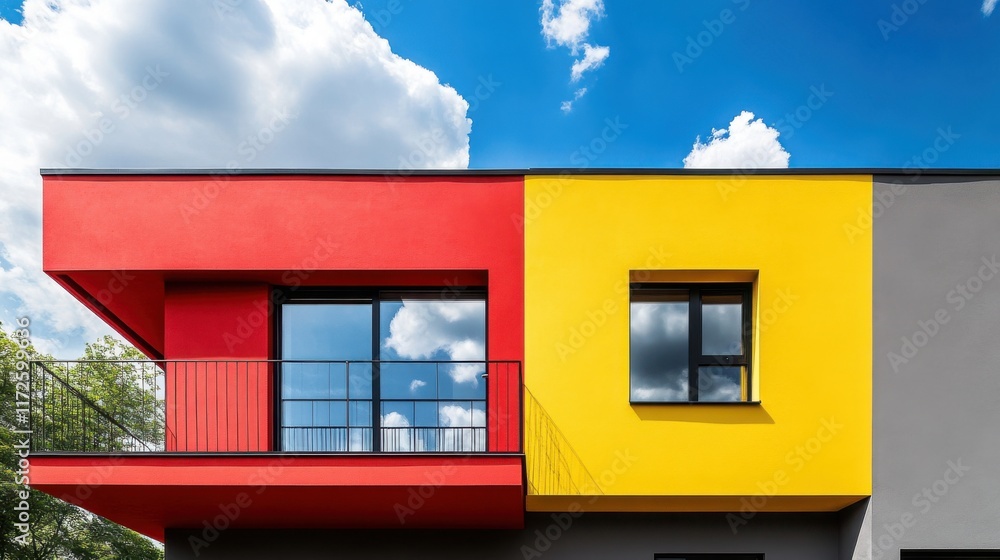 Poster a building with a red and yellow facade. the windows are black and the building is surrounded by tre