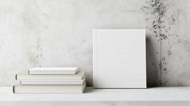 A mockup of a blank hardcover book rests on a stack of books, providing a perfect backdrop for showcasing book designs or logos, ideal for publishers and authors looking to present their work.