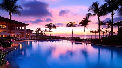 Obraz premium Sunset Paradise: Luxurious Resort Poolside at Dusk