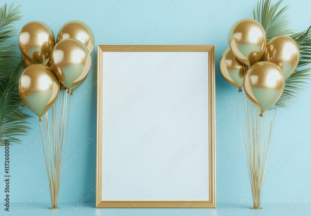 Poster a gold framed white frame with a bunch of gold balloons in front of it. the balloons are scattered a