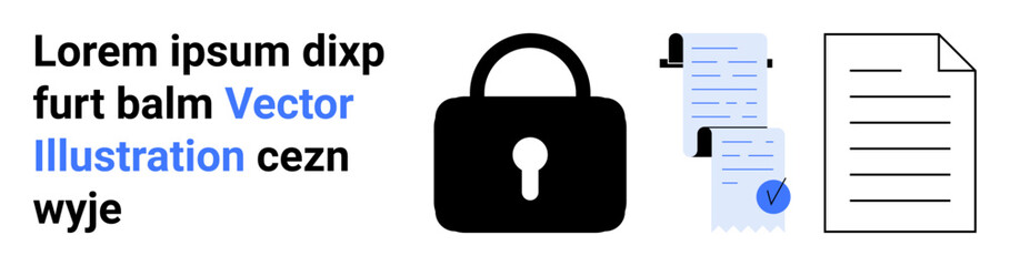 Black lock icon signifying security, blue and black check-marked documents, and another document with lines. Ideal for data protection, cybersecurity, document management, legal compliance, privacy