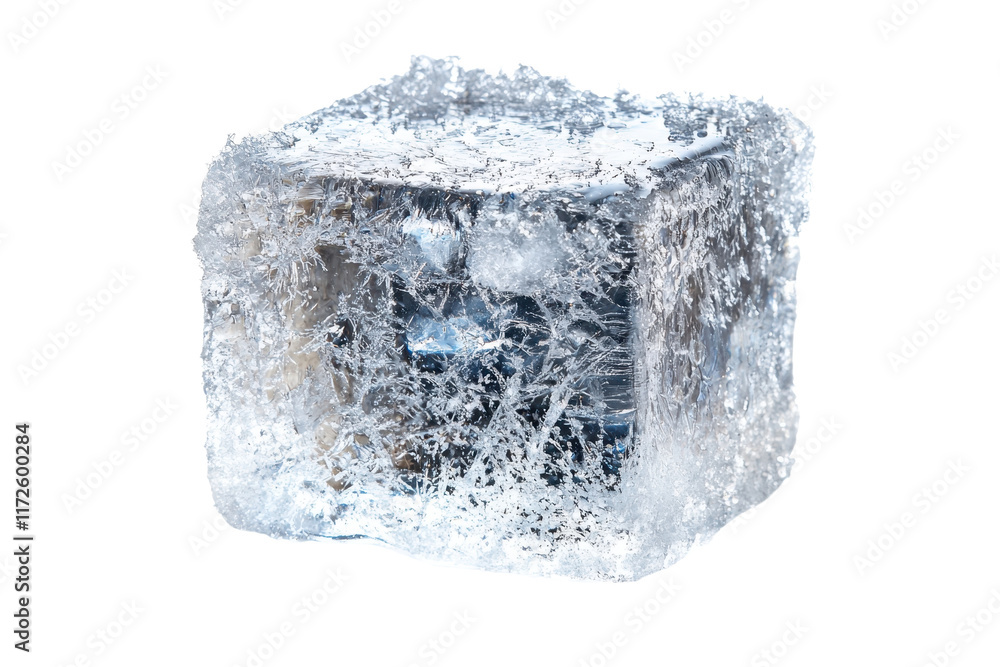 Poster a clear ice cube featuring intricate patterns and textures, encapsulating a dark object within.