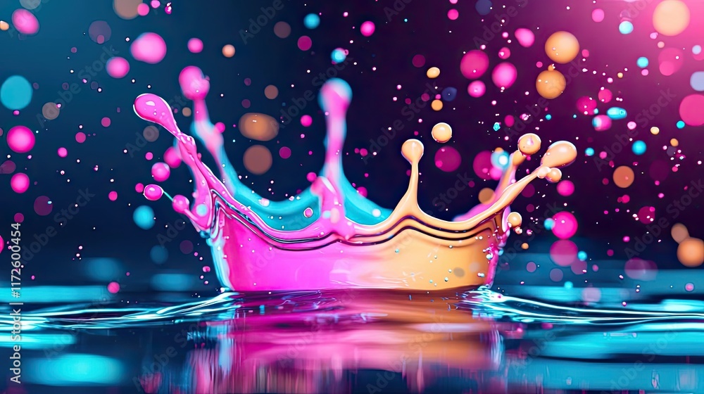 Poster splash abstract background concept. colorful splash of water creating a crown shape with vibrant bok