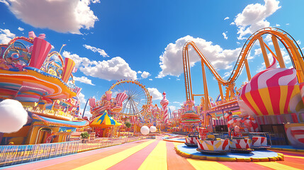 Vibrant Amusement Park Under Sunny Skies: A Day of Thrills and Delightful Rides