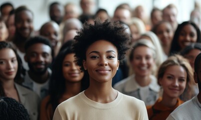 Obraz premium A woman with a big smile stands in front of a crowd of people. Concept of unity and togetherness, as the woman is surrounded by a diverse group of people. The crowd appears to be engaged