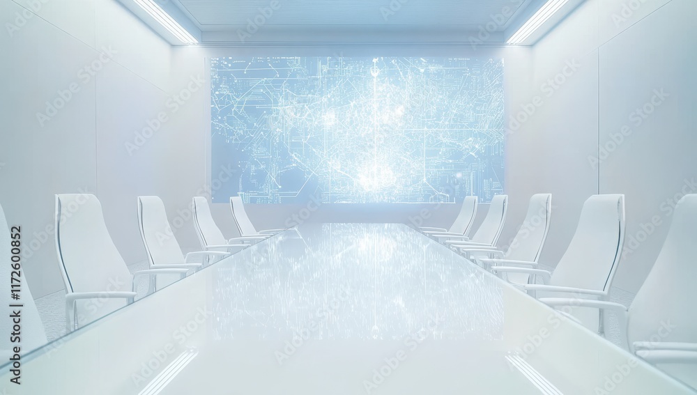 Poster a large white room with a white table and chairs. the chairs are arranged in rows and the table is e