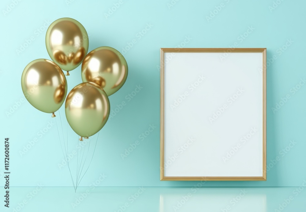 Poster a gold framed white frame with a gold balloon in the middle. the frame is empty and the balloon is f