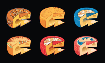 Vibrant Vector Cheese Illustrations in Diverse Colors and Styles on Black Background