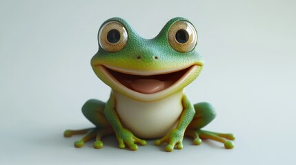 Fototapeta premium Happy cartoon frog, sitting and smiling, with large expressive eyes.
