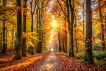 Sunlit autumn path through golden forest. (1)