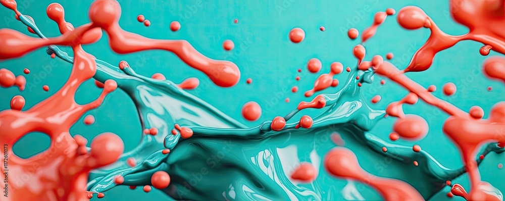 Poster Splash abstract background concept. Vivid paint splashes in turquoise and coral create a dynamic visual explosion.