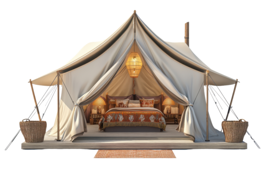 A luxurious glamping tent featuring a cozy bed, warm lighting, and decorative elements for an inviting outdoor experience.