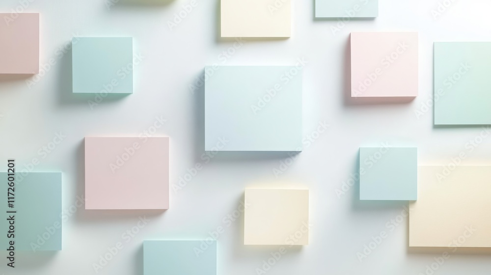 Poster a wall covered in colorful squares of paper. the squares are of different colors and sizes. the wall