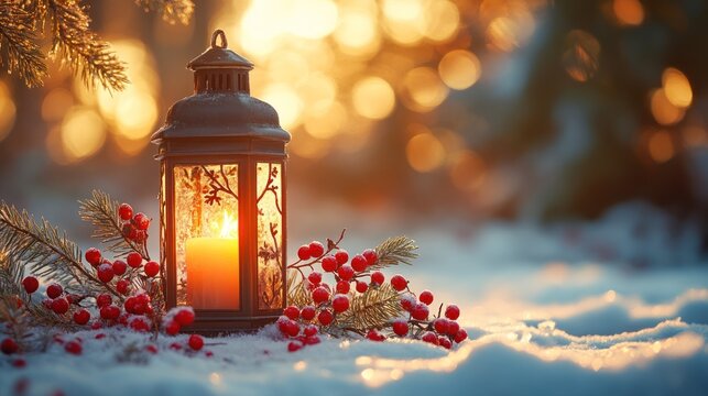 A lantern with a candle surrounded by berries and snow at sunset.