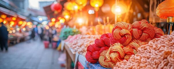 Chinese new year festive markets concept. Close-up of a vendor displaying vibrant red and gold Chinese knots, glowing lanterns adding charm to the market atmosphere