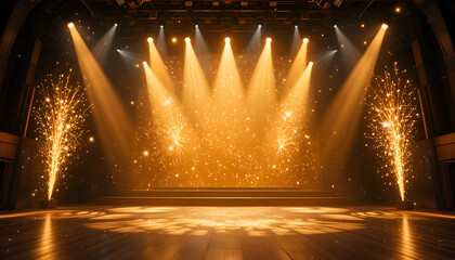 A dazzling stage illuminated by golden rays and sparks creates a captivating background | backgrounds 