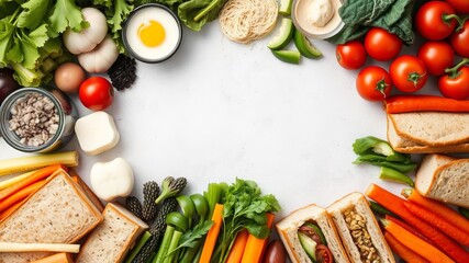 Assorted sandwiches with fresh vegetables arranged in a circular frame for text overlay, arrangement, variety