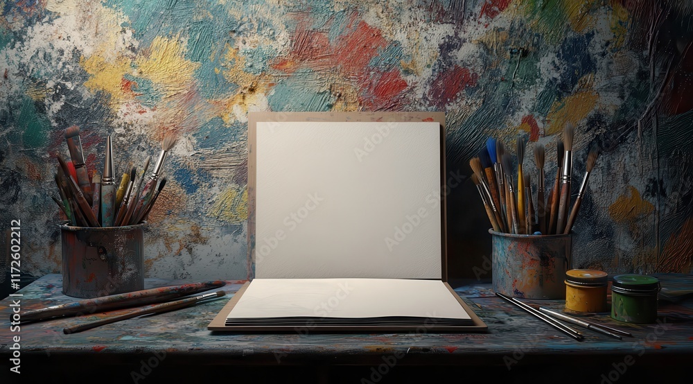 Poster a white notebook sits on a table with a variety of paintbrushes and paint tubes. the scene suggests 