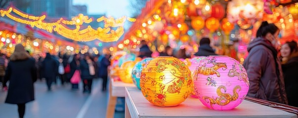 Chinese new year festive markets concept. A bustling New Year market with vibrant zodiac displays...