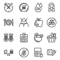 Nutrition set of web icons in line style. Healthy food linear icon collection. Containing food, vegetables, water, palm oil free, сaunt calories
