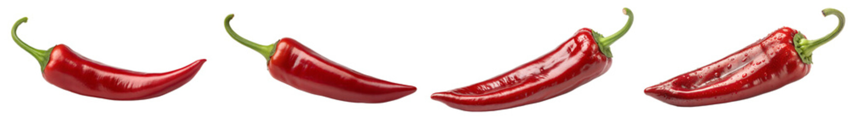 Fresh Red Chili Pepper Isolated on transparent. - Vibrant red chili pepper with a glossy texture and green stem, isolated on a transparent background, symbolizing spice and flavor.

