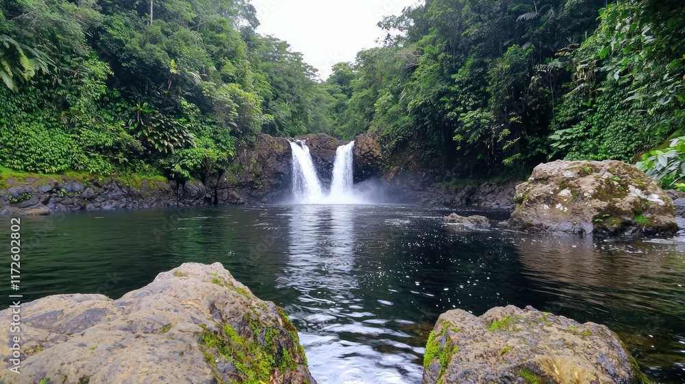 Poster serene waterfall cascading into a tranquil pool surrounded by lush greenery.