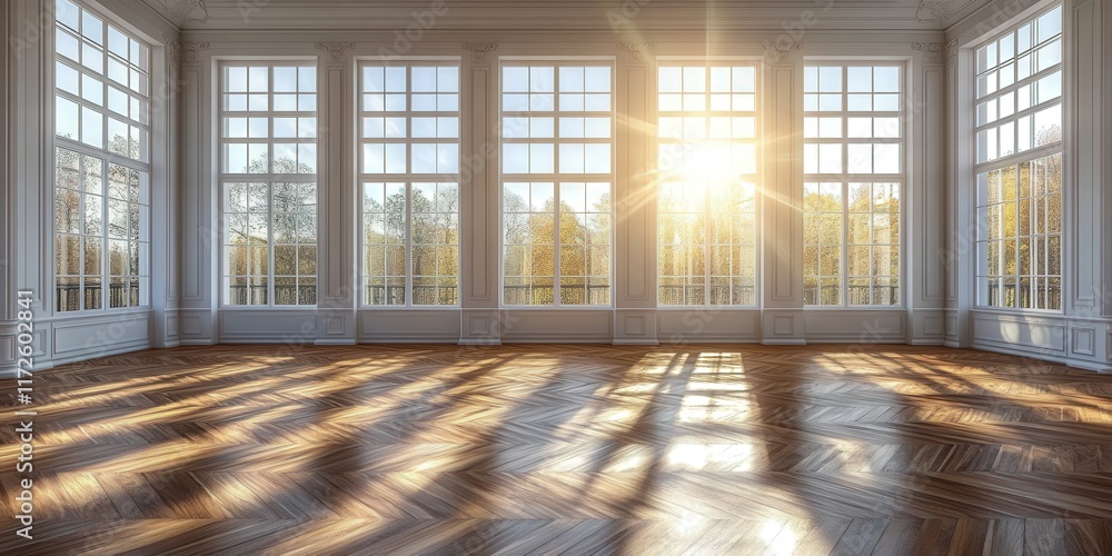 Poster detailed 3d rendering of a spacious empty room featuring elegant parquet flooring and large windows 