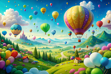 Whimsical hot air balloon festival over vibrant landscape.