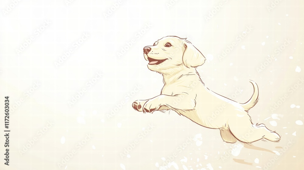 Poster joyful puppy running across a light background, showcasing happiness and playfulness in an illustrat