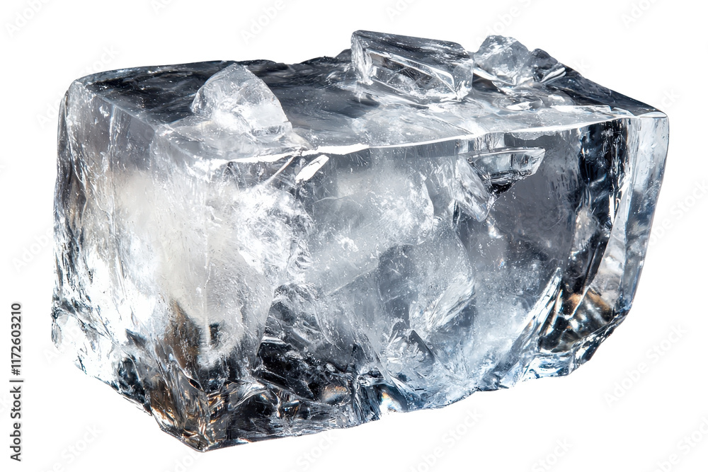 Poster a large, irregular block of clear ice with jagged edges and visible internal structures.