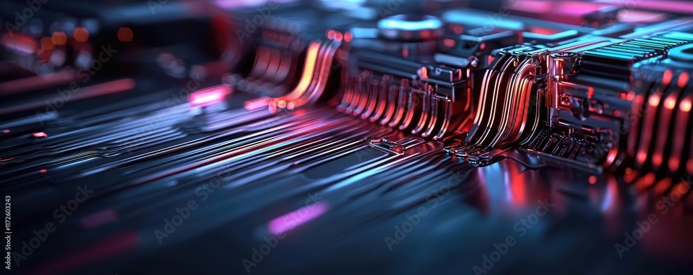 Poster Metallic abstract background concept. Abstract close-up of a futuristic circuit board with vibrant colors and intricate details.