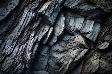 Multilayered structure of black stones with expressive shadows and volume.