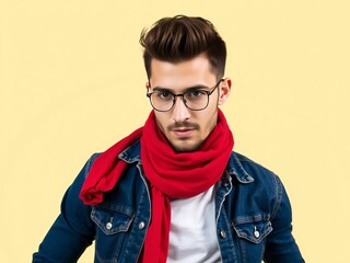 Obraz premium Attractive young man in denim clothes dancing on yellow background, denim, yellow