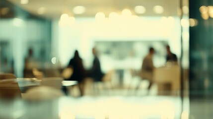Modern office interior with blurred business professionals collaborating in a team meeting at a conference table


