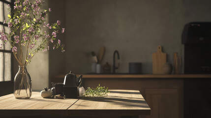 wooden kitchen table adorned with seasonal flowers, teapot, and kitchen utensils, illuminated by soft sunlight, creating warm and inviting atmosphere