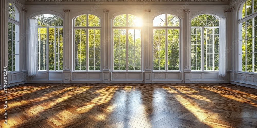 Poster 3d rendering of an empty room with parquet flooring and sunlight streaming through large windows sur