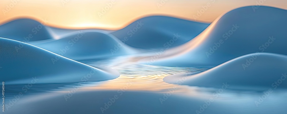 Poster waves abstract background idea. tranquil blue hills with a gentle stream reflecting soft sunset hues