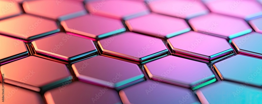 Poster Metallic abstract background concept. Close-up shot of a colorful hexagonal pattern with vibrant hues and modern design.