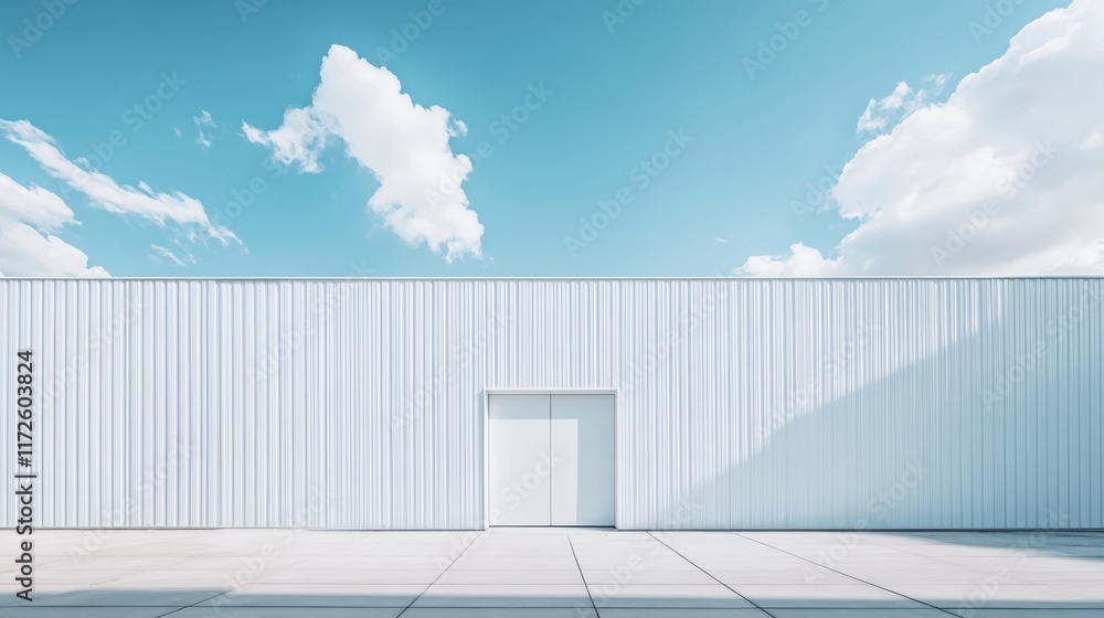 Poster a white building with a large door and a cloudy sky in the background. the building is empty and the