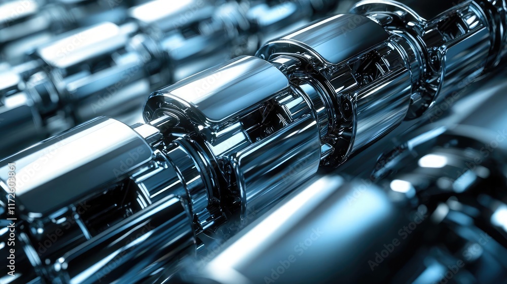 Poster Metallic abstract background concept. Close-up of shiny metal components reflecting light in an industrial setting.