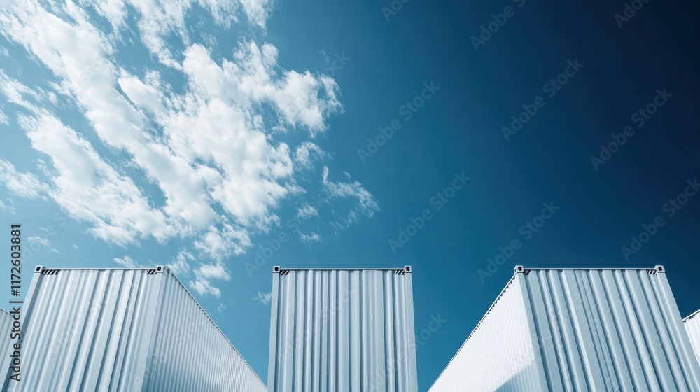 Poster three large white containers are stacked on top of each other in front of a blue sky. concept of ord