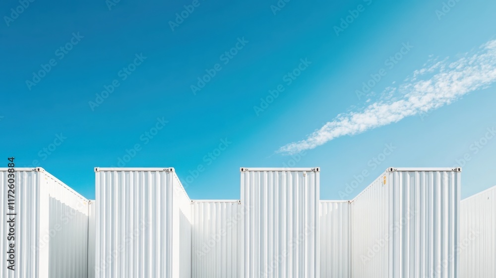 Poster a row of white shipping containers are lined up against a blue sky. the containers are all the same 
